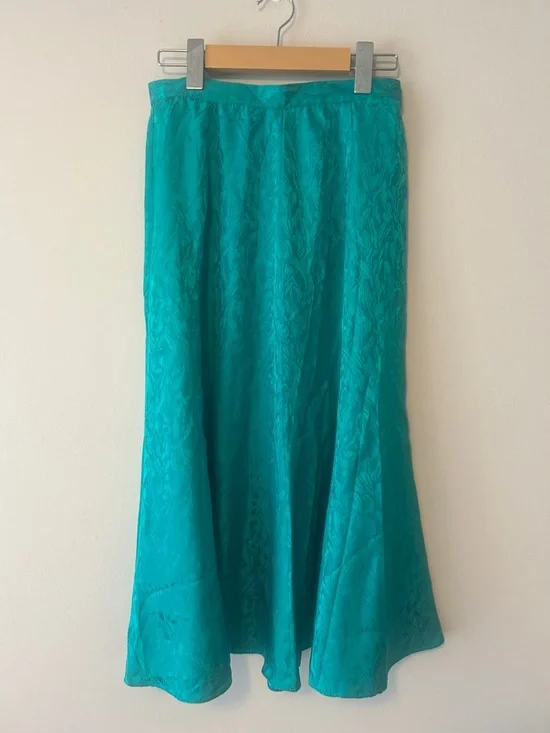 Vintage 100% Silk A-Line Midi Skirt in Teal - Picture 3 of 7